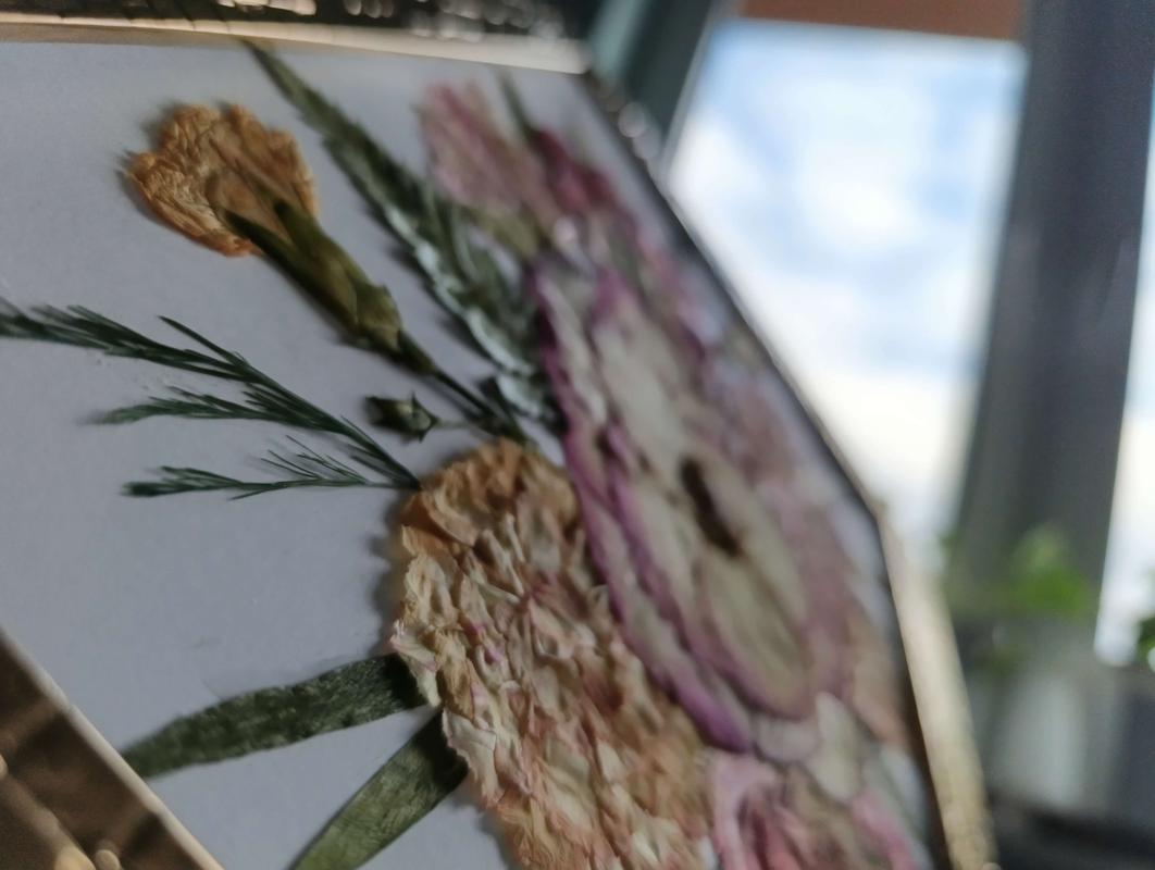 Elegancki obraz z suszonych kwiatów w metalowej ramce, kompozycja w odcieniach pomarańczy, różu i fioletu. Pamiątkowy obraz Karokwiaty.